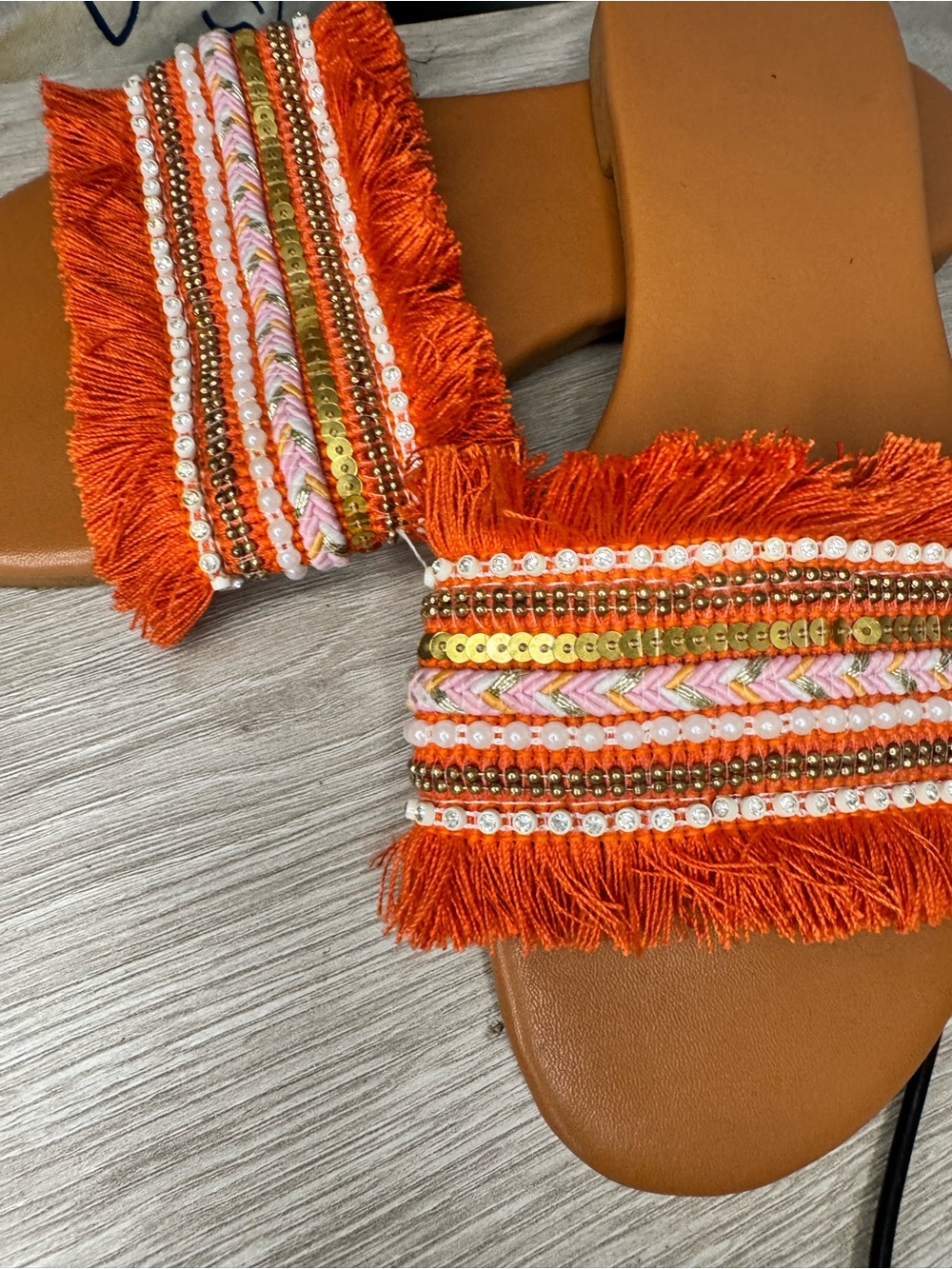 Women's Orange Fringe Slide Sandals with Beaded Trim - Picture 3 of 4